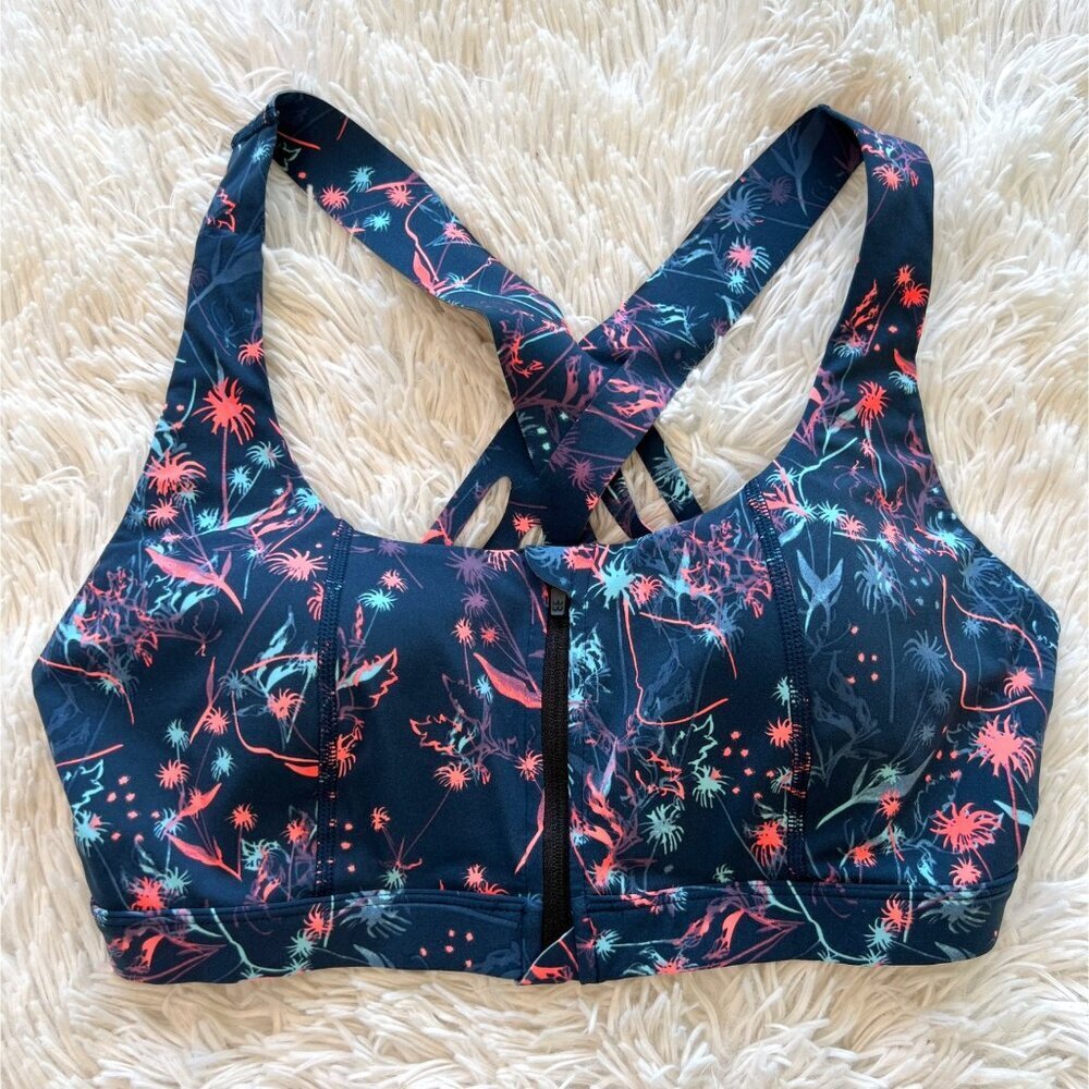 Sweaty Betty Circuit Zip-up Sports Bra In Blue Mystical Floral Print Size M